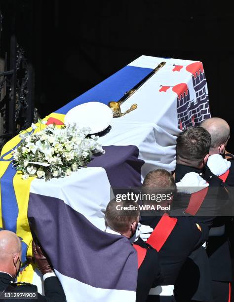 The Duke of Edinburgh’s coffin, covered with His Royal Highness’s Personal Standard arrives at St George’s Chapel carried by a bearer party found by...