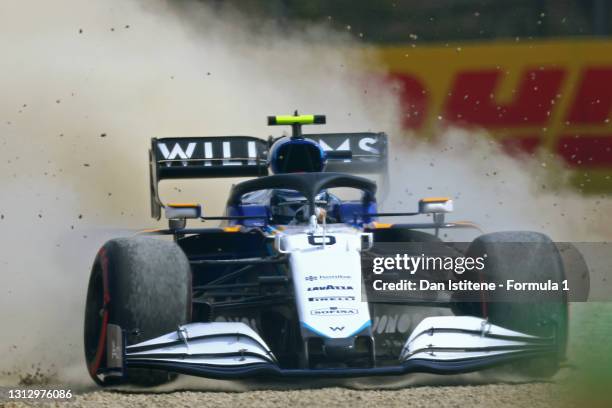 Nicholas Latifi of Canada driving the Williams Racing FW43B Mercedes runs wide in to the gravel during final practice ahead of the F1 Grand Prix of...