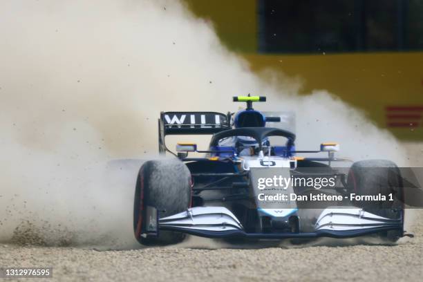 Nicholas Latifi of Canada driving the Williams Racing FW43B Mercedes runs wide in to the gravel during final practice ahead of the F1 Grand Prix of...