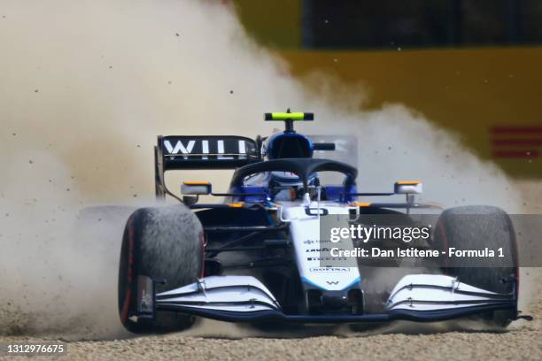 Nicholas Latifi of Canada driving the Williams Racing FW43B Mercedes runs wide in to the gravel during final practice ahead of the F1 Grand Prix of...