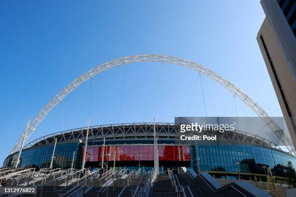 General view outside the stadium prior to the Semi Final of the Emirates FA Cup match between Manchester City and Chelsea FC at Wembley Stadium on...