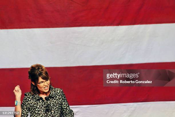 Former Alaska governor Sarah Palin speaks during the Republican Party of Florida's fundraising event at Disney's Grand Floridian Resort on November...