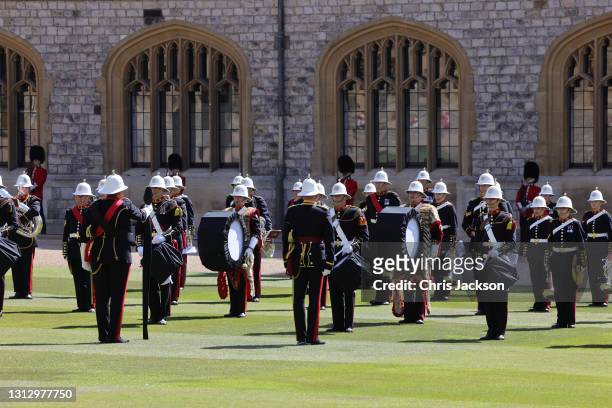 The Band of the Royal Marines during the funeral of Prince Philip, Duke of Edinburgh at Windsor Castle on April 17, 2021 in Windsor, England. Prince...