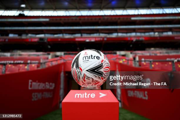 Detail view of the official Mitre Pro Delta Max Emirates FA Cup match ball on the plynth prior to the Semi Final of the Emirates FA Cup match between...