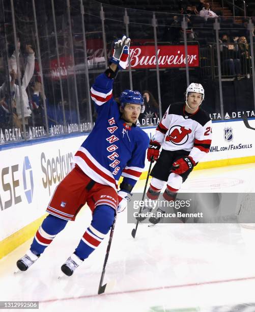 Artemi Panarin of the New York Rangers scores against Aaron Dell of the New Jersey Devils at 32 seconds of the second period at Madison Square Garden...