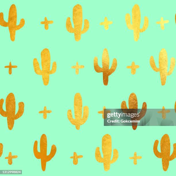 gold hand drawn cactus seamless pattern. hand drawn gold foil cactus isolated. floral tropical summer background. party flyer template. design element for sale banners, posters, labels and invitation cards. - mexican flower pattern stock illustrations