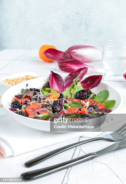 verse saladekom met bloedsinaasappel, bessen en radicchio - radicchio stockfoto's en -beelden