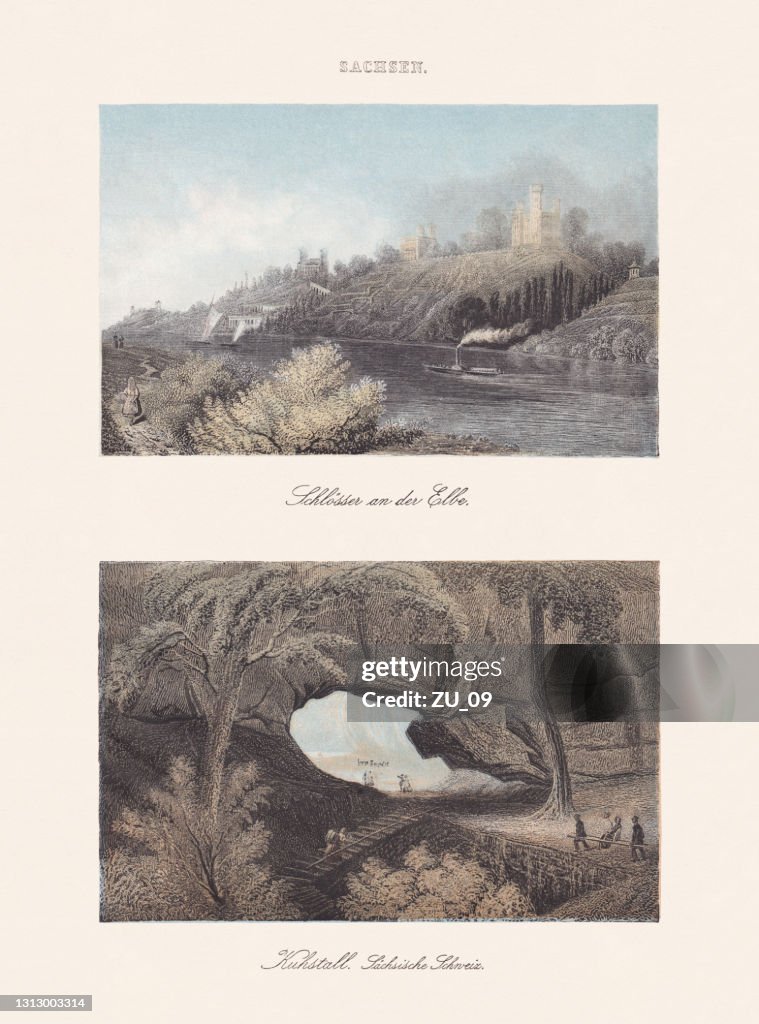 Saxon landscapes: Dresden Elbe Valley and Kuhstall, chromolithograp, published 1868