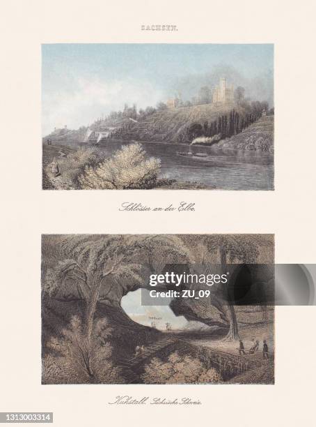saxon landscapes: dresden elbe valley and kuhstall, chromolithograp, published 1868 - saxon switzerland national park stock illustrations