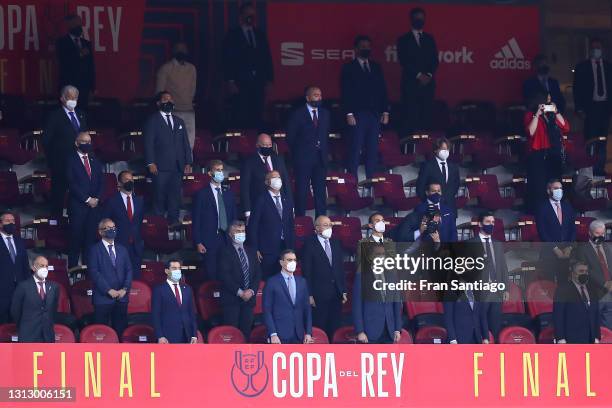 King Felipe VI and President Pedro Sanchez look on from the stands during the Copa del Rey Final match between Athletic Club and Barcelona at Estadio...