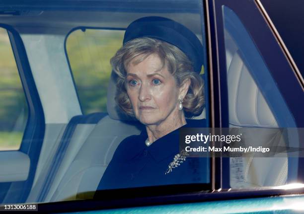 Penelope Knatchbull, Countess Mountbatten of Burma arrives at Windsor Castle to attend the funeral of Prince Philip, Duke of Edinburgh on April 17,...