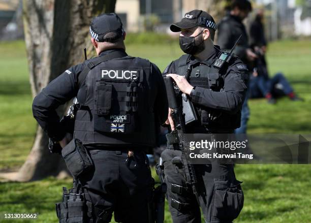 The police patrol Windsor Castle ahead of the funeral of Prince Philip, Duke of Edinburgh on April 17, 2021 in Windsor, England. The Duke of...