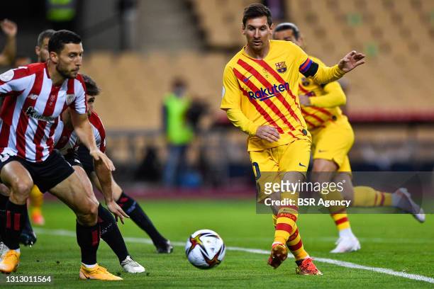 Lionel Messi of FC Barcelona in action during the Copa del Rey Final match between Athletic Club and FC Barcelona at Estadio de La Cartuja on April...