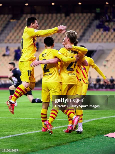 Players of FC Barcelona celebrate their team's first goal during the Copa del Rey Final match between Athletic Club and Barcelona at Estadio de La...