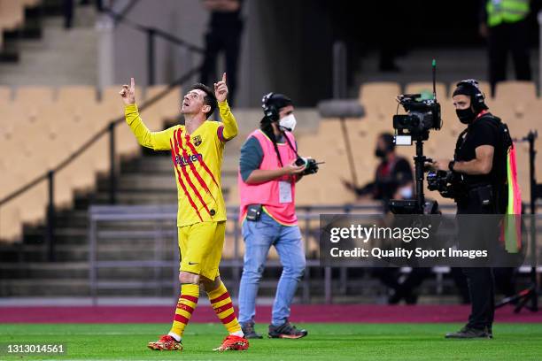 Lionel Messi of FC Barcelona celebrates his team's third goal during the Copa del Rey Final match between Athletic Club and Barcelona at Estadio de...