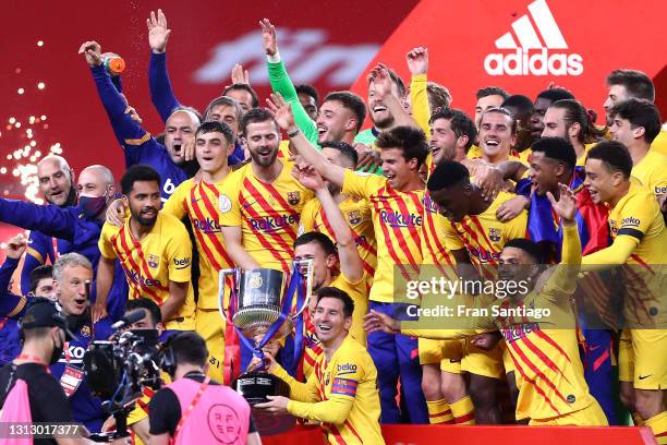 Lionel Messi of FC Barcelona lifts the trophy after winning the Copa Del Rey Final match between Athletic Club and Barcelona at Estadio de La Cartuja...