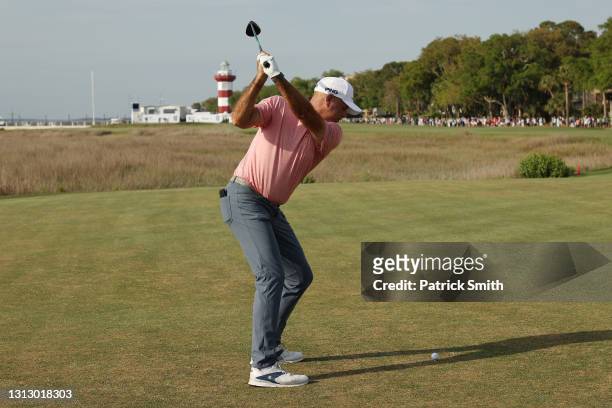Stewart Cink of the United States plays his shot from the 18th tee during the third round of the RBC Heritage on April 17, 2021 at Harbour Town Golf...