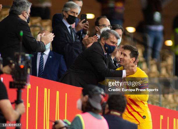Lionel Messi of FC Barcelona saludates to Joan Laporta, President of FC Barcelona, after the spanish cup, Copa del Rey, football Final match played...