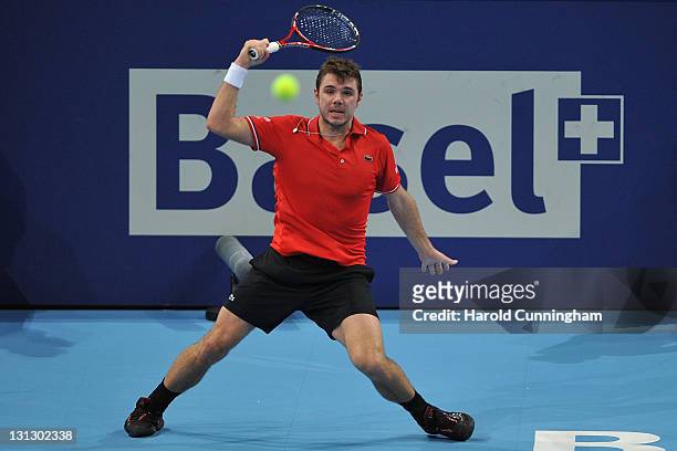 Stanislas Wawrinka of Switzerland plays during his match against Robin Haase of the Netherlands during day four of the Swiss Indoors at St...