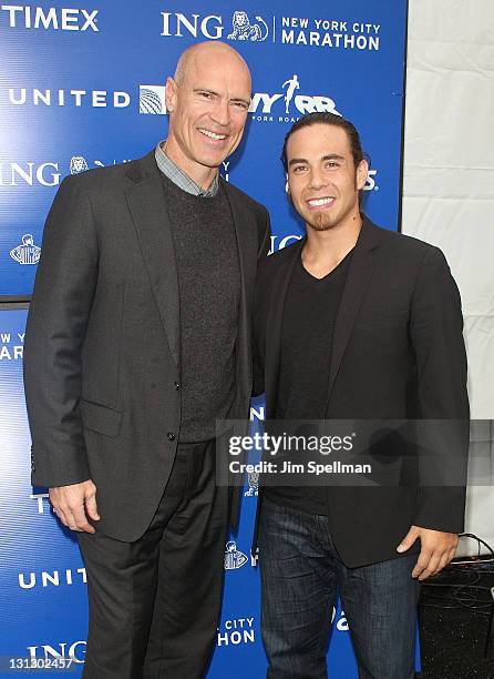 Mark Messier and Apolo Ohno attend a press conference at Marathon Pavilion in Central Park on November 3, 2011 in New York City.