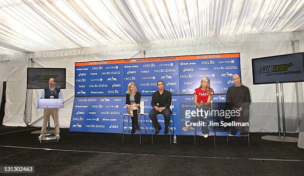 President and Chief Executive Officer of New York Road Runners Mary Wittenberg , Apolo Ohno, Jennie Finch and Mark Messier attend a press conference...