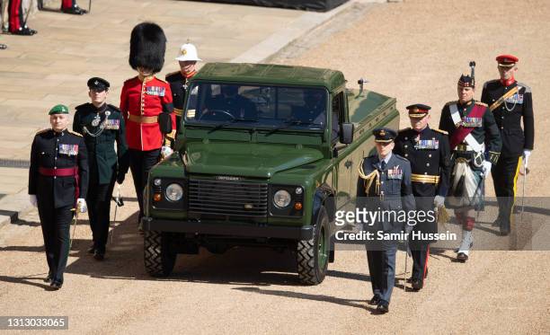 The Land Rover Defender hearse arrives at Windsor Castle ahead of the funeral of Prince Philip, Duke of Edinburgh on April 17, 2021 in Windsor,...