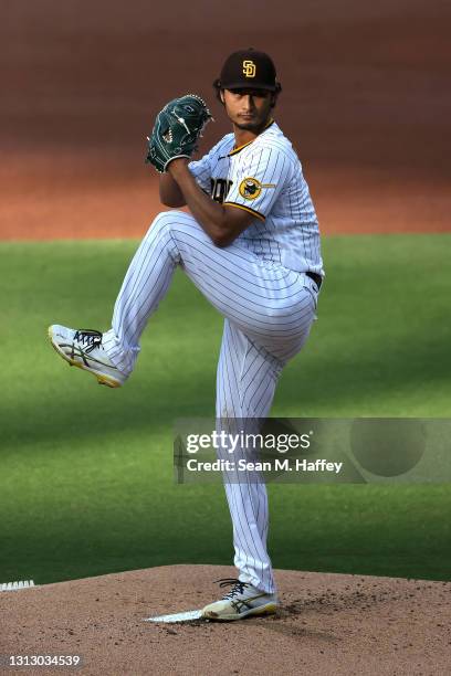 Yu Darvish of the San Diego Padres pitches during the first inning of a game against the Los Angeles Dodgers at PETCO Park on April 17, 2021 in San...