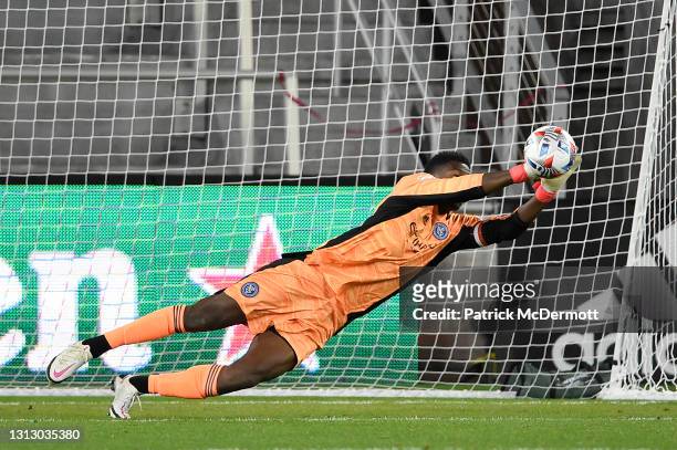 Sean Johnson of New York City FC makes a save against D.C. United in the first half at of the MLS match Audi Field on April 17, 2021 in Washington,...