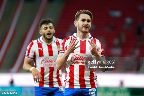 Jesus Angulo of Chivas celebrates after scoring his team's second goal during the 15th round match between Chivas and Tijuana as part of the Torneo...