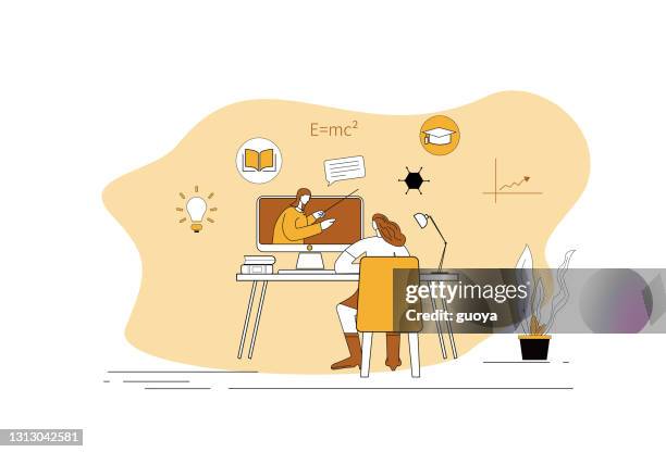 online learning at home, online distance learning, video teaching. - child computer learning stock illustrations