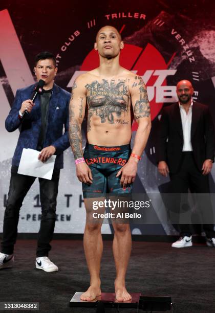 Regis Prograis of the United States poses during weigh ins for Triller Fight Club at Mercedes-Benz Stadium on April 16, 2021 in Atlanta, Georgia.