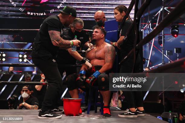 Frank Mir sits in his corner in his heavyweight bout against Steve Cunningham during Triller Fight Club at Mercedes-Benz Stadium on April 17, 2021 in...