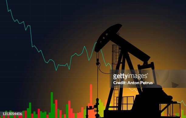 oil pump on the background of stock charts. changes in world oil prices. decline in oil prices - oil pump stockfoto's en -beelden