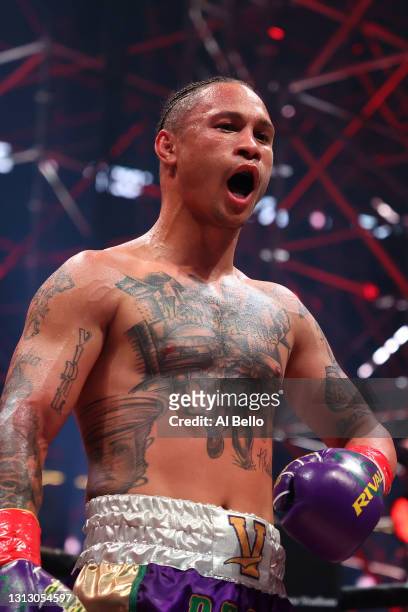 Regis Prograis reacts after a stoppage in his junior welterweight bout against Ivan Redkach during Triller Fight Club at Mercedes-Benz Stadium on...