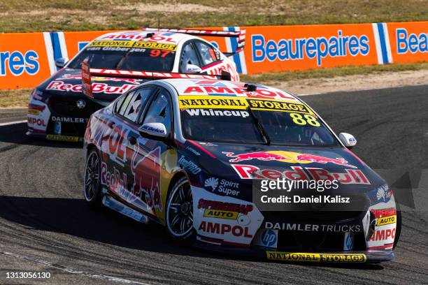Jamie Whincup drives the Red Bull Ampol Racing Holden Commodore ZB leads Shane van Gisbergen drives the Red Bull Ampol Holden Commodore ZB during...