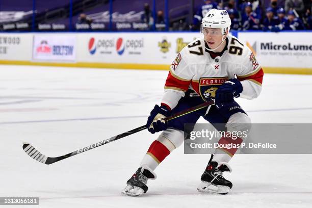 Nikita Gusev of the Florida Panthers in action during the third period against the Tampa Bay Lightning at Amalie Arena on April 15, 2021 in Tampa,...
