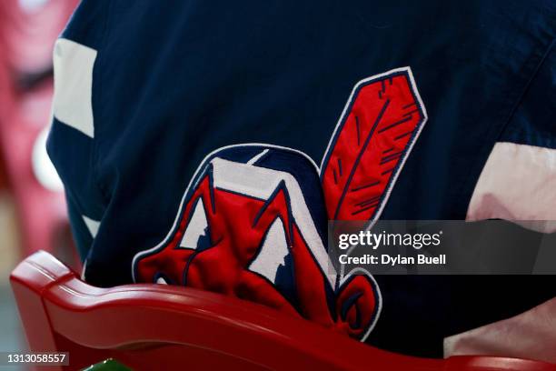 Detail view of the Cleveland Indians logo on a fan's jacket during the game between the Cleveland Indians and Cincinnati Reds at Great American Ball...