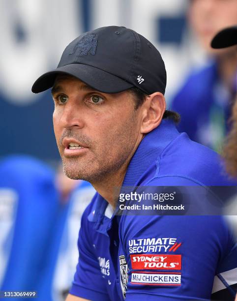Bulldogs coach Trent Barrett looks on from the bench during the round six NRL match between the North Queensland Cowboys and the Canterbury Bulldogs...