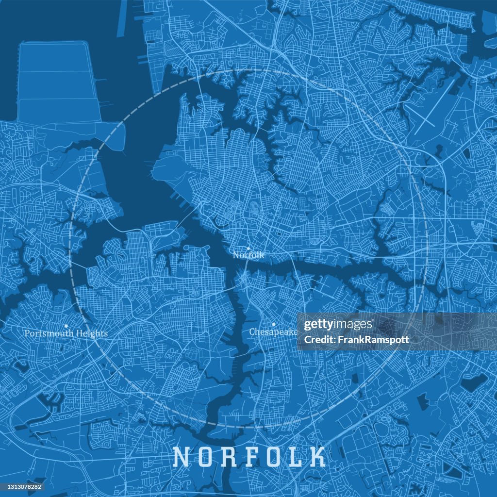 Norfolk VA City Vector Road Map Blue Text