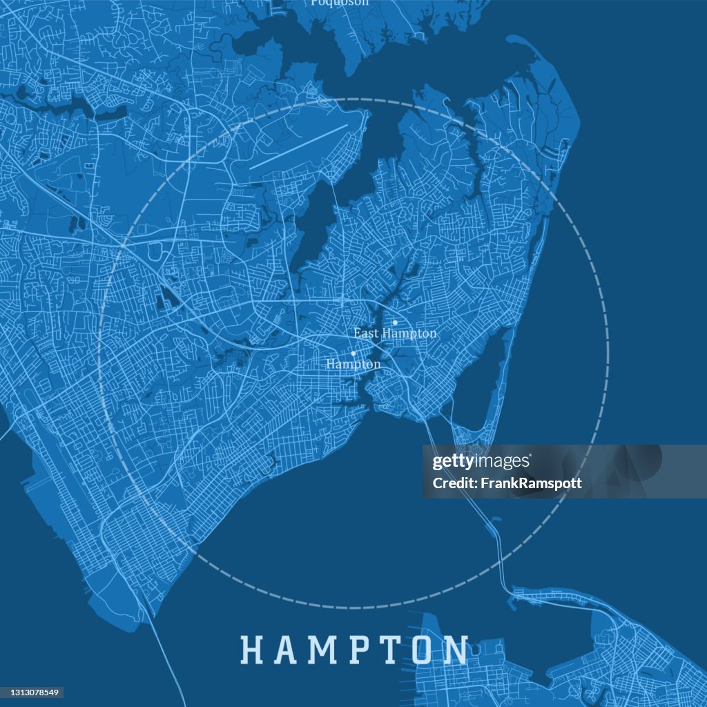 Hampton VA City Vector Road Map Blue Text