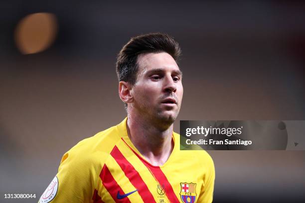 Lionel Messi of FC Barcelona looks on during the Copa del Rey Final match between Athletic Club and Barcelona at Estadio de La Cartuja on April 17,...