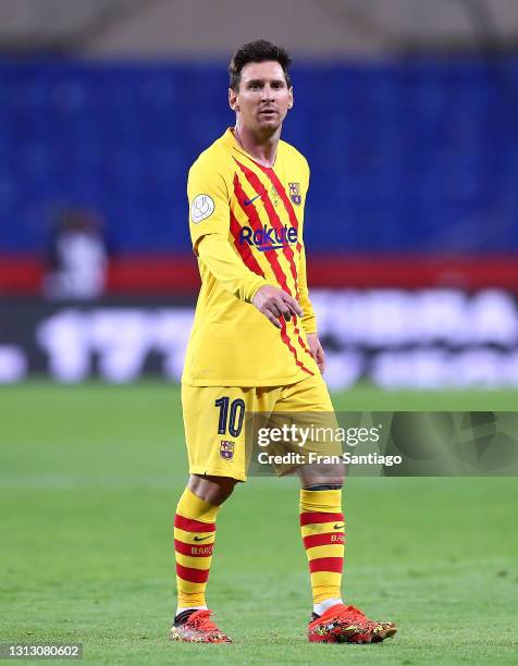 Lionel Messi of FC Barcelona looks on during the Copa del Rey Final match between Athletic Club and Barcelona at Estadio de La Cartuja on April 17,...