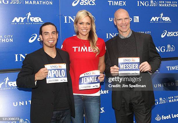 Apolo Ohno, Jennie Finch and Mark Messier attend a press conference at Marathon Pavilion in Central Park on November 3, 2011 in New York City.