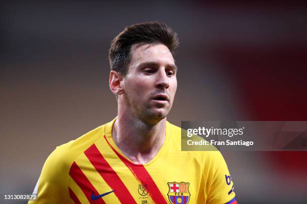 Lionel Messi of FC Barcelona looks on during the Copa del Rey Final match between Athletic Club and Barcelona at Estadio de La Cartuja on April 17,...