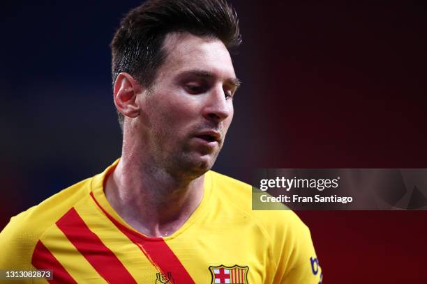 Lionel Messi of FC Barcelona looks on during the Copa del Rey Final match between Athletic Club and Barcelona at Estadio de La Cartuja on April 17,...