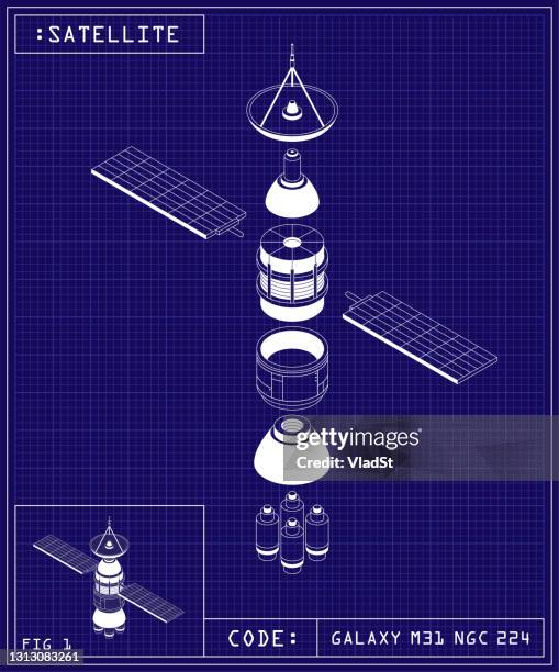 satelliten-blueprint-radar raumsonde weltraumexplorationstechnologie - engineer stock-grafiken, -clipart, -cartoons und -symbole