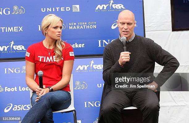 Jennie Finch and Mark Messier attend a press conference at Marathon Pavilion in Central Park on November 3, 2011 in New York City.