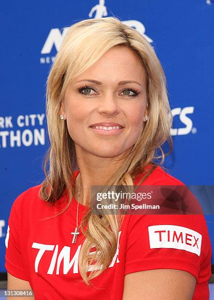 Jennie Finch attends a press conference at Marathon Pavilion in Central Park on November 3, 2011 in New York City.