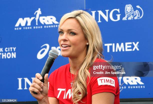 Jennie Finch attends a press conference at Marathon Pavilion in Central Park on November 3, 2011 in New York City.