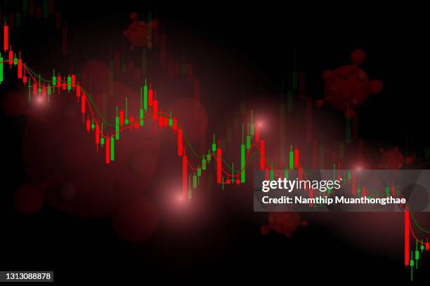 covid-19 financial market concept illustration shows a down sign of the stock in the market while the covid-19 disease pandemic around the world. - 株価暴落 ストックフォトと画像